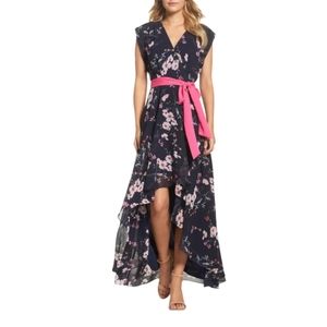Eliza J High/Low Floral Faux Wrap Maxi Dress  Navy Floral Size 18